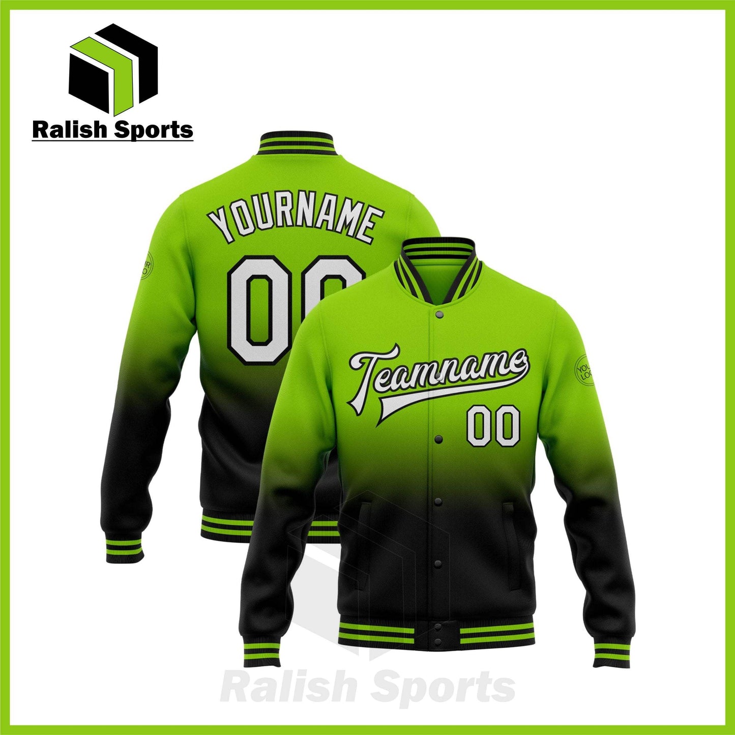Custom Neon Green White-Black Bomber Full-Snap Varsity Letterman Fade Fashion Jacket - Ralish Sports