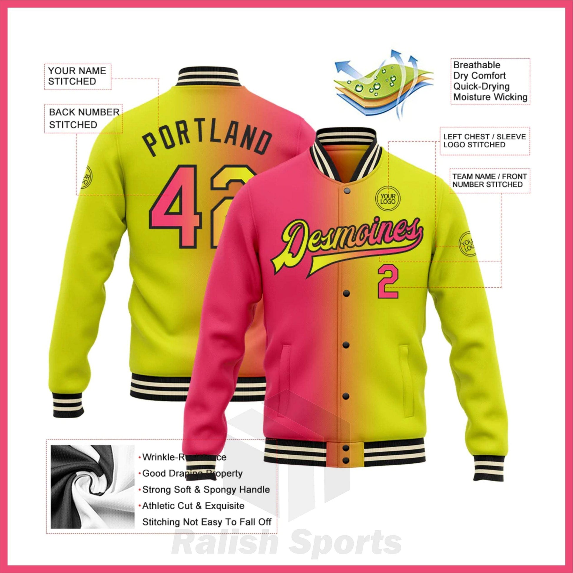 Custom Neon Yellow Neon Pink-Black Bomber Full-Snap Varsity Letterman Gradient Fashion Jacket - Ralish Sports