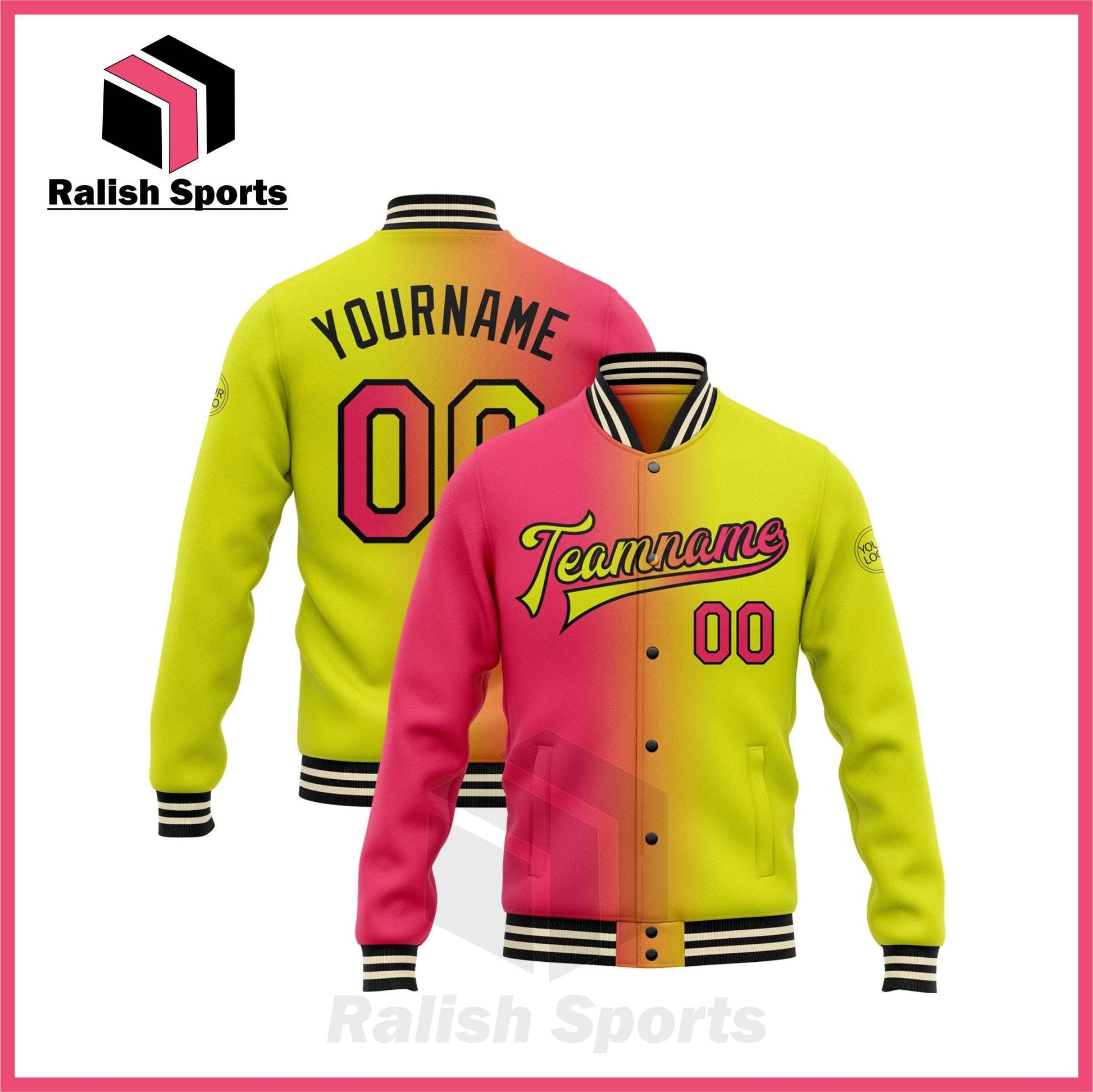 Custom Neon Yellow Neon Pink-Black Bomber Full-Snap Varsity Letterman Gradient Fashion Jacket - Ralish Sports