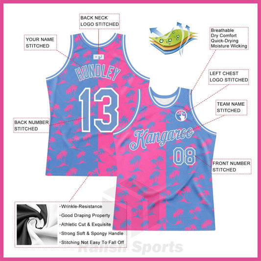 Custom Pink Light Blue-White 3D Pattern Hawaii Palm Trees Authentic Basketball Jersey - Ralish Sports