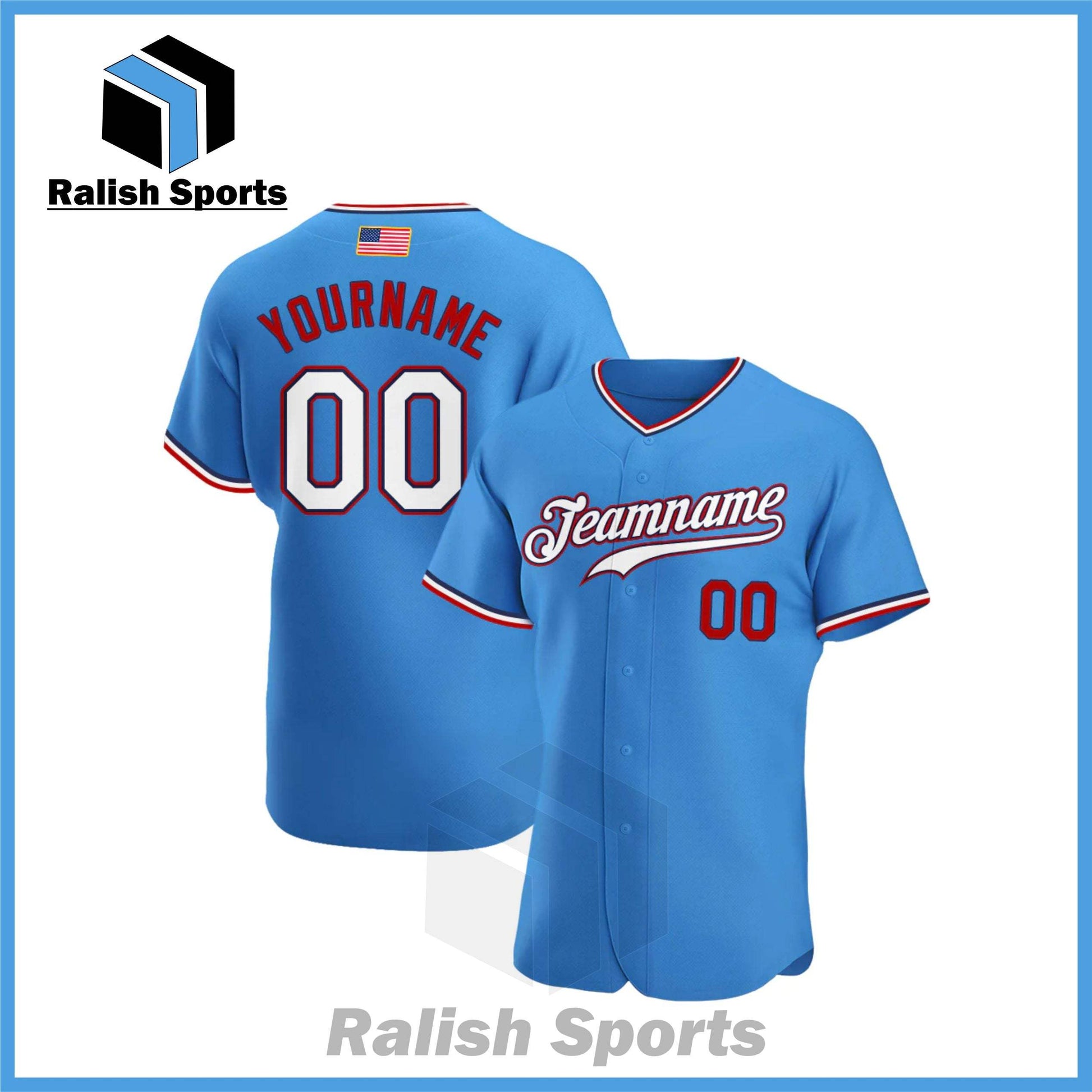 Custom Powder Blue White-Red Authentic American Flag Fashion Baseball Jersey - Ralish Sports
