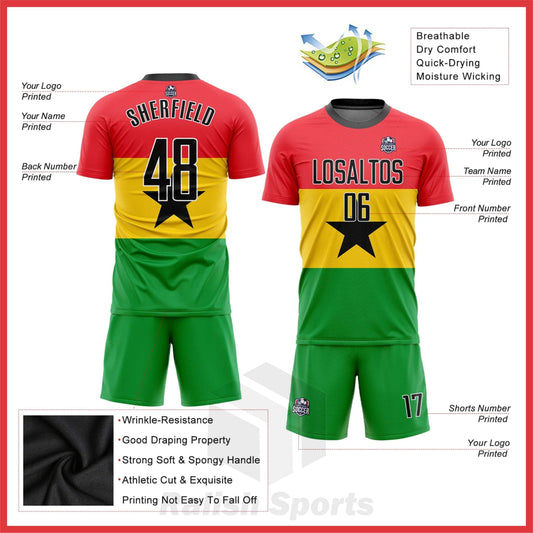 Custom Red Black Gold-Kelly Green Sublimation Ghanaian Flag Soccer Uniform Jersey - Ralish Sports