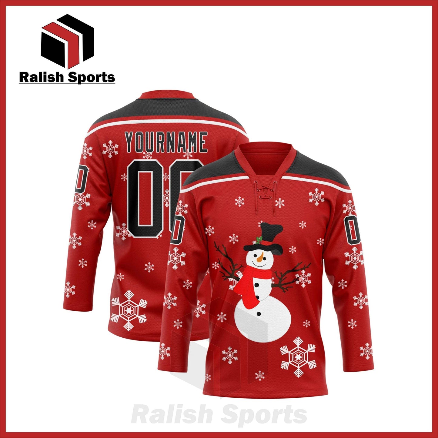 Custom Red Black-White Christmas Snowman 3D Hockey Lace Neck Jersey - Ralish Sports