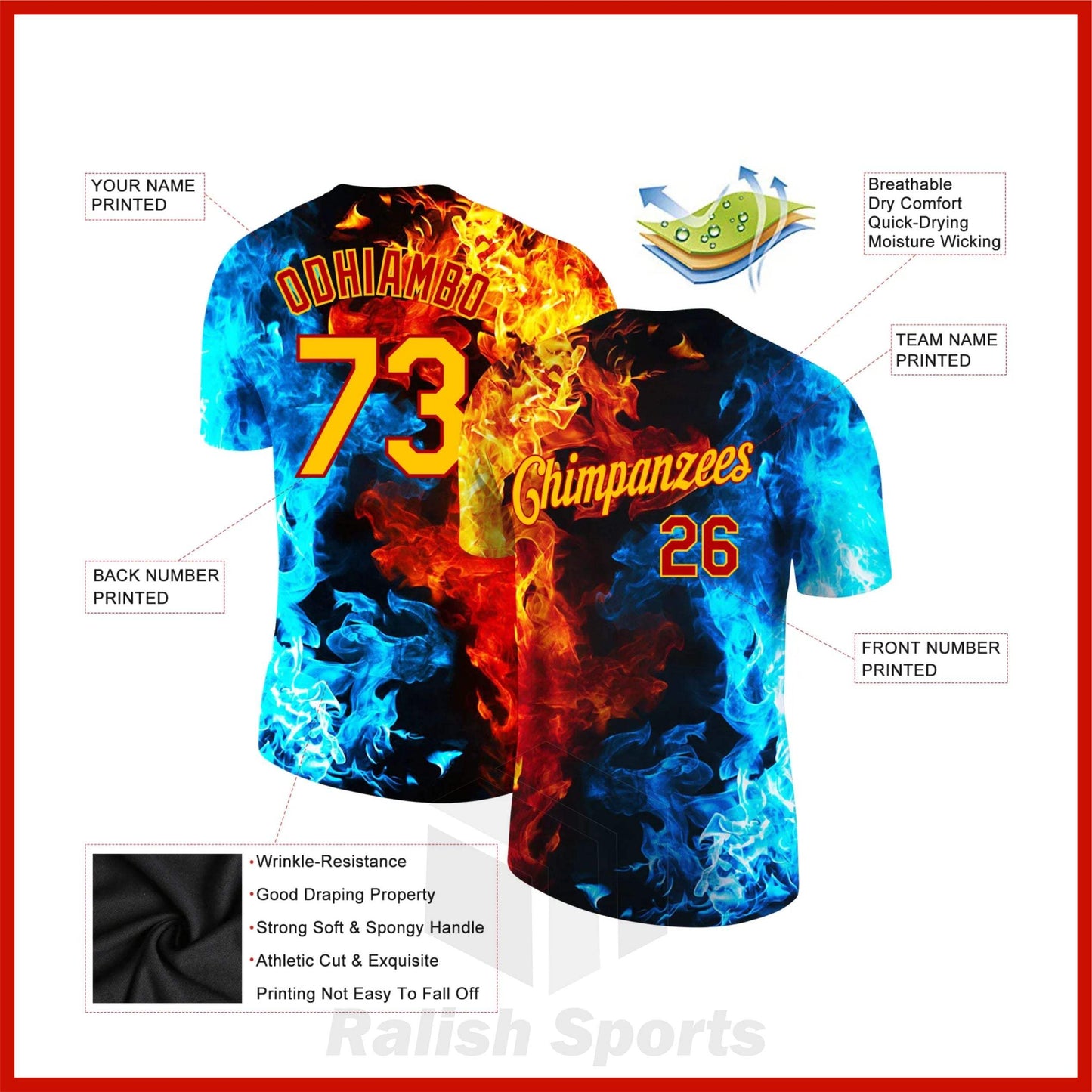 Custom Red Gold-Red 3D Pattern Design Flame Performance T-Shirt - Ralish Sports