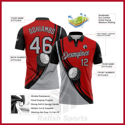Custom Red Light Gray-Black 3D Pattern Design Golf Ball Performance Golf Polo Shirt - Ralish Sports