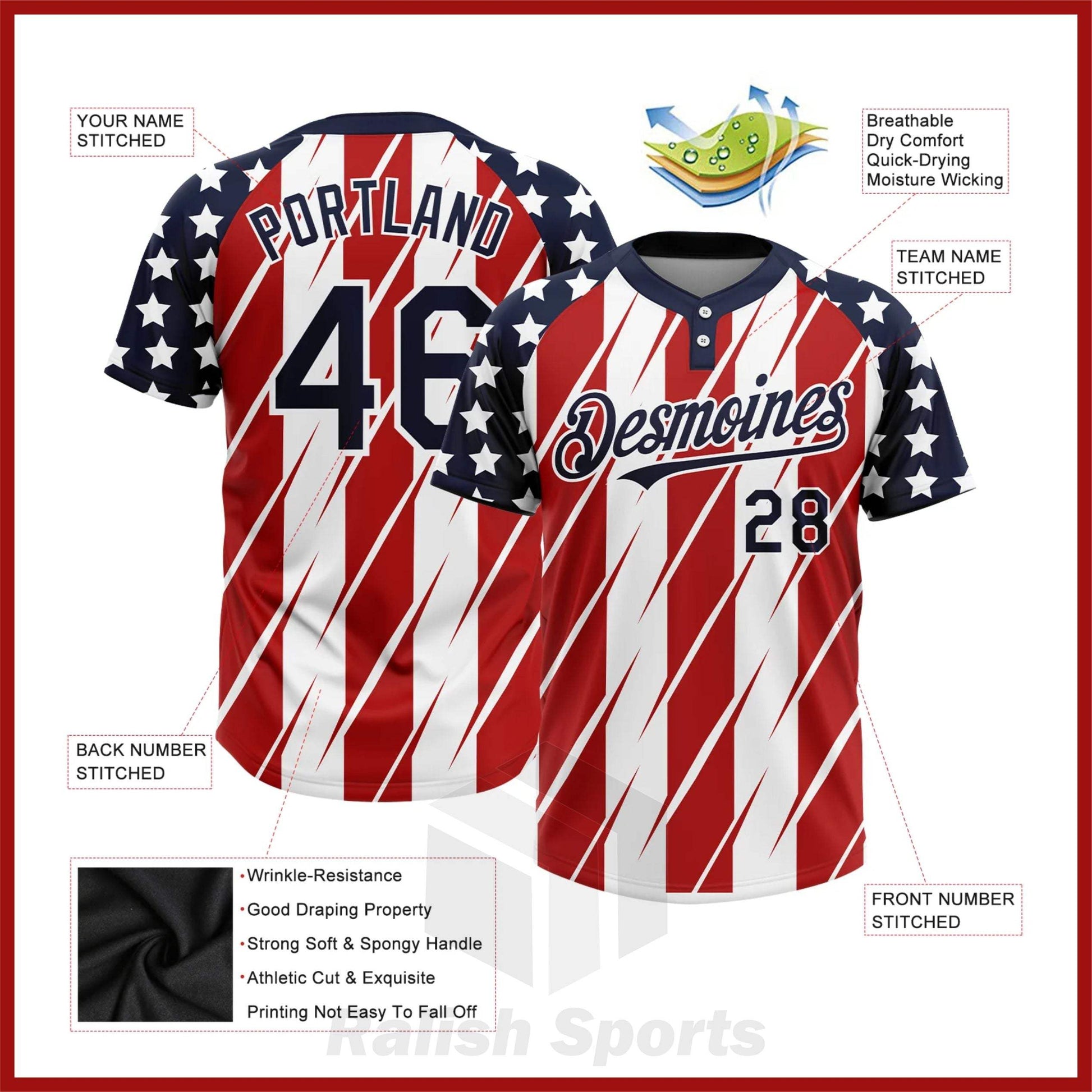 Custom Red Navy-White 3D American Flag Fashion Two-Button Unisex Softball Jersey - Ralish Sports