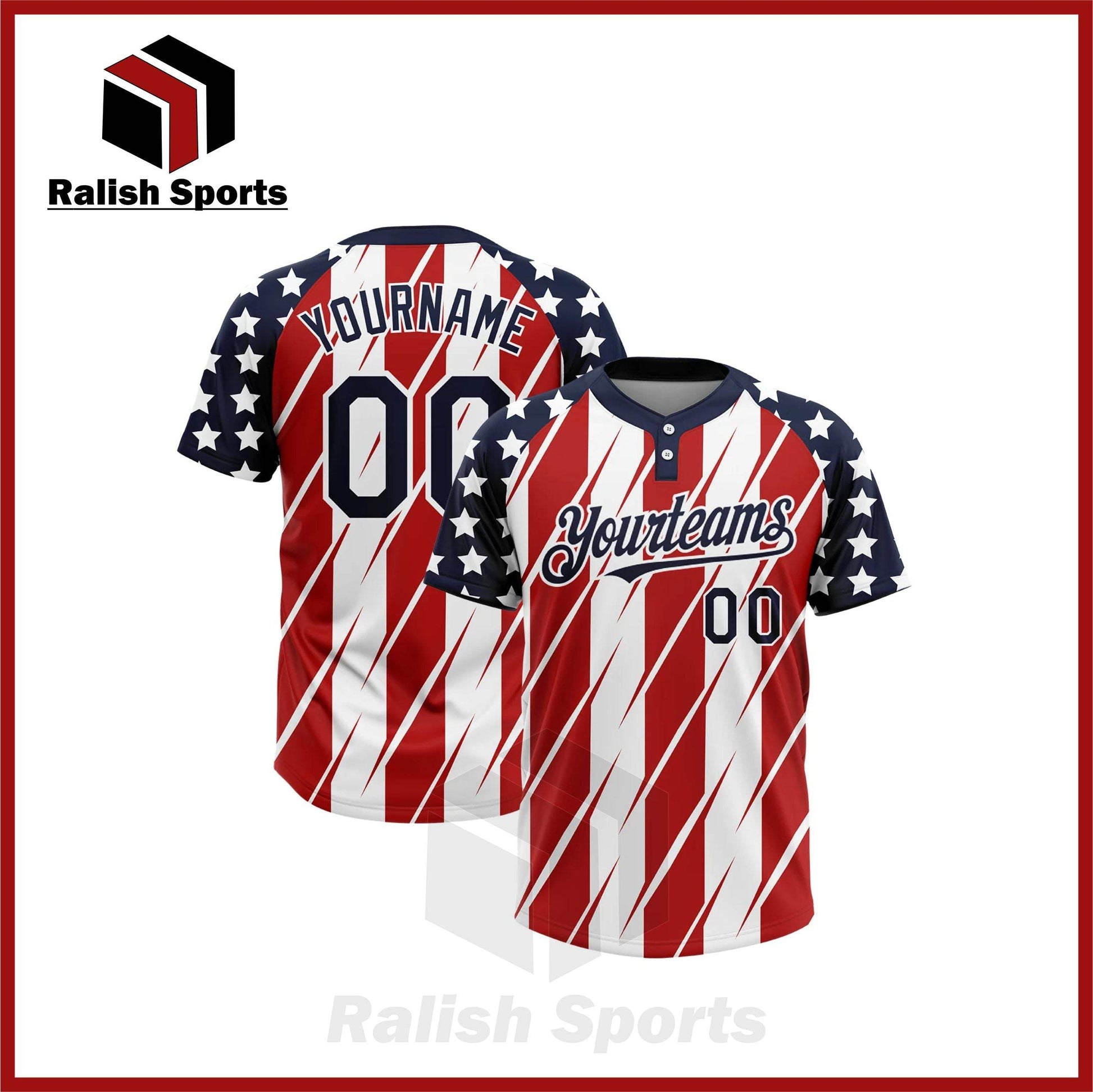 Custom Red Navy-White 3D American Flag Fashion Two-Button Unisex Softball Jersey - Ralish Sports