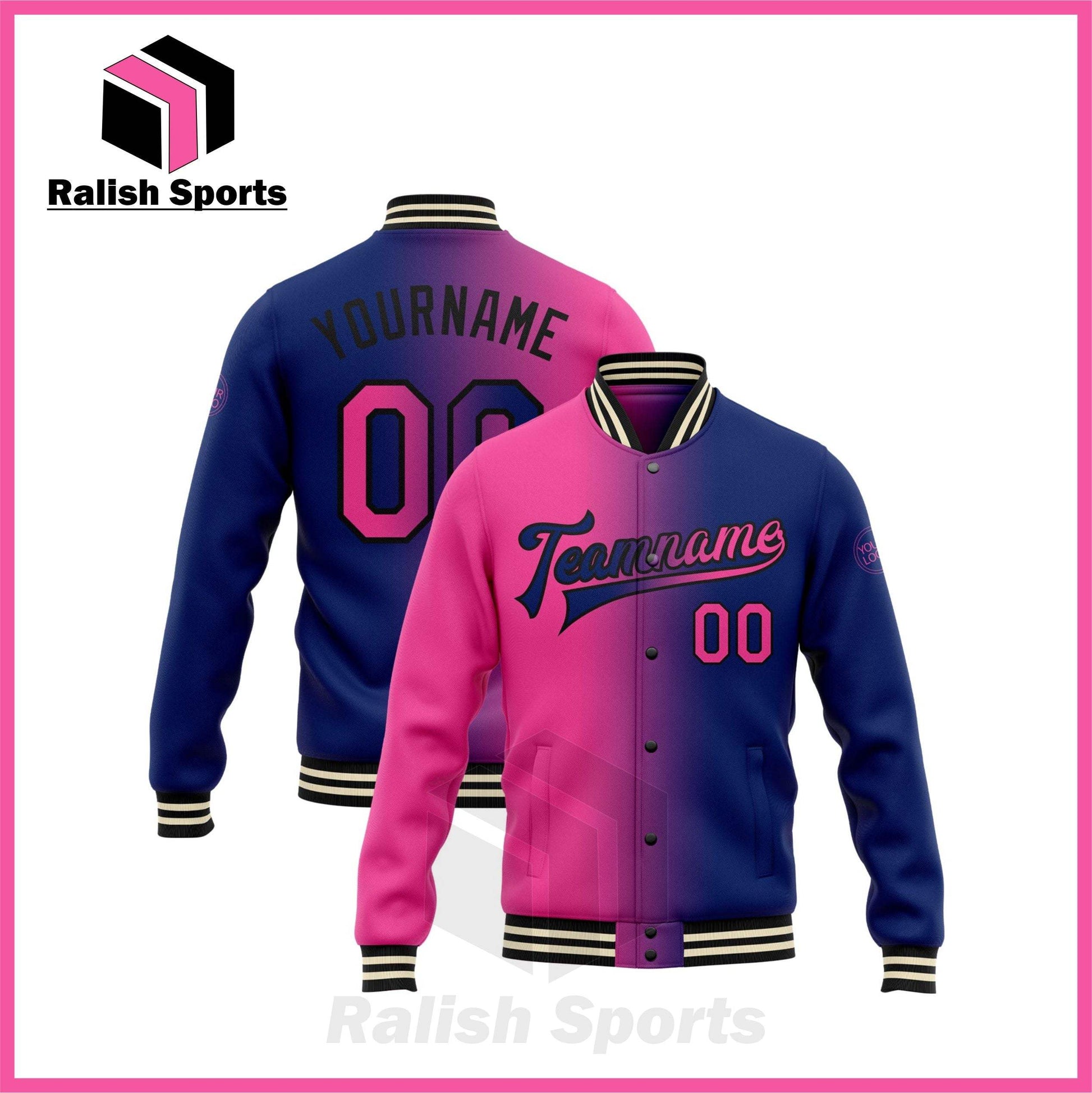 Custom Royal Pink-Black Bomber Full-Snap Varsity Letterman Gradient Fashion Jacket - Ralish Sports