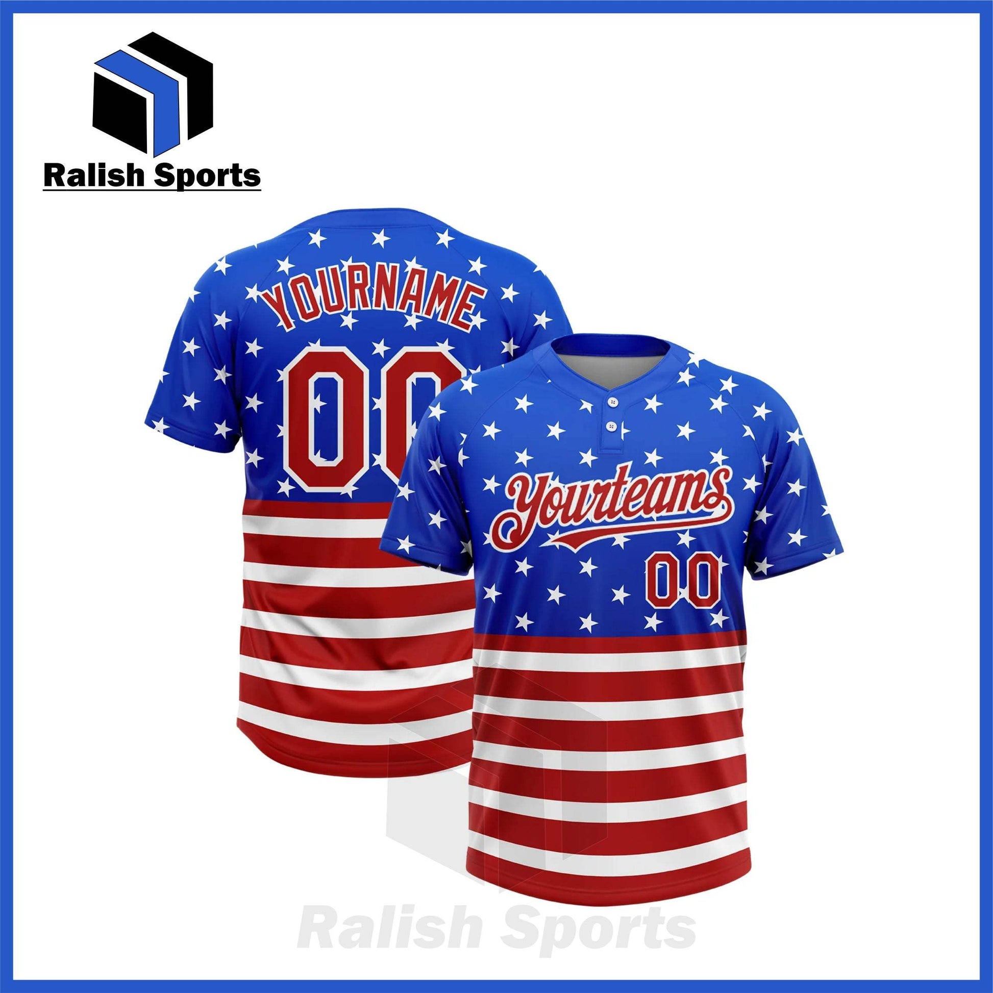 Custom Royal Red-White 3D American Flag Fashion Two-Button Unisex Softball Jersey - Ralish Sports
