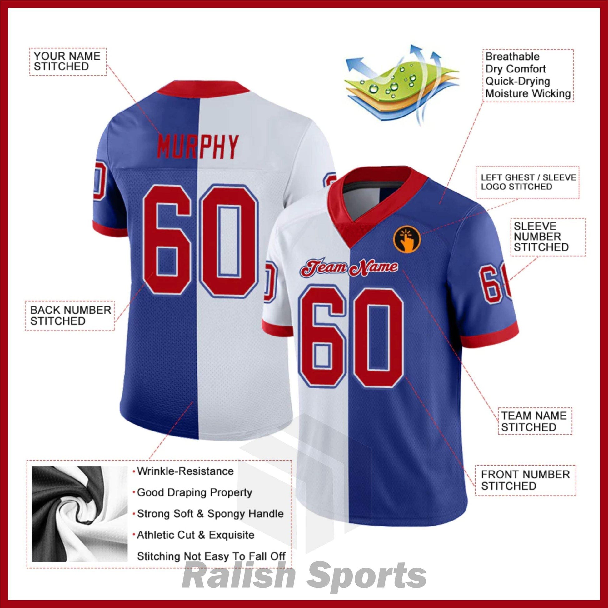 Custom Royal Red-White Mesh Split Fashion Football Jersey - Ralish Sports