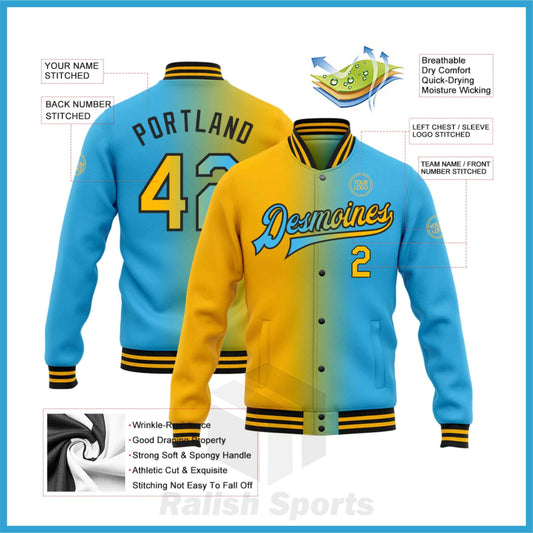 Custom Sky Blue Gold-Black Bomber Full-Snap Varsity Letterman Gradient Fashion Jacket - Ralish Sports