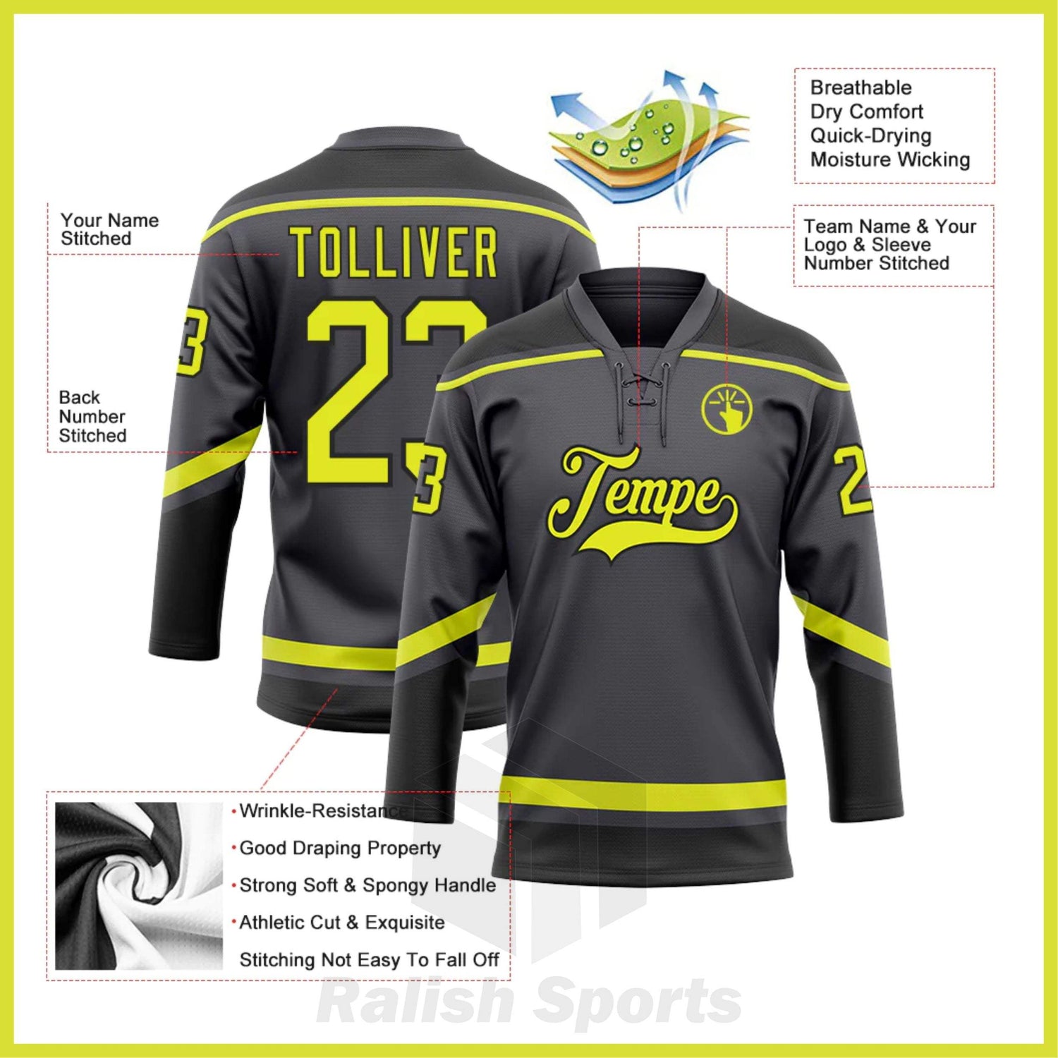 Custom Steel Gray Neon Yellow-Black Hockey Lace Neck Jersey - Ralish Sports