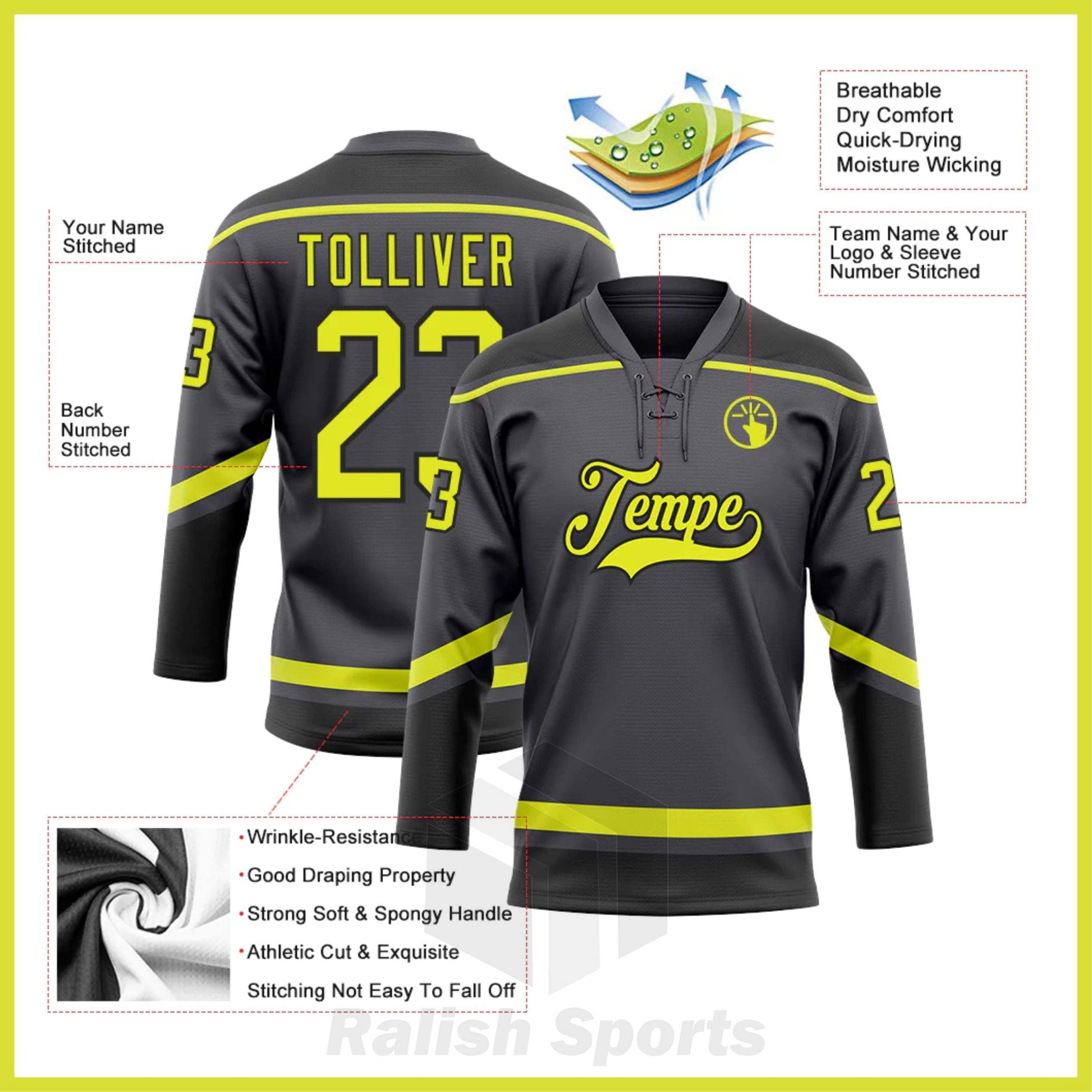Custom Steel Gray Neon Yellow-Black Hockey Lace Neck Jersey - Ralish Sports