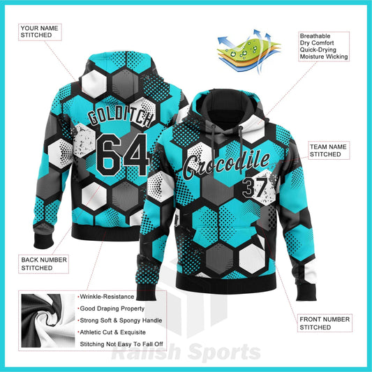 Custom Stitched Aqua Black-White 3D Pattern Design Sports Pullover Sweatshirt Hoodie - Ralish Sports
