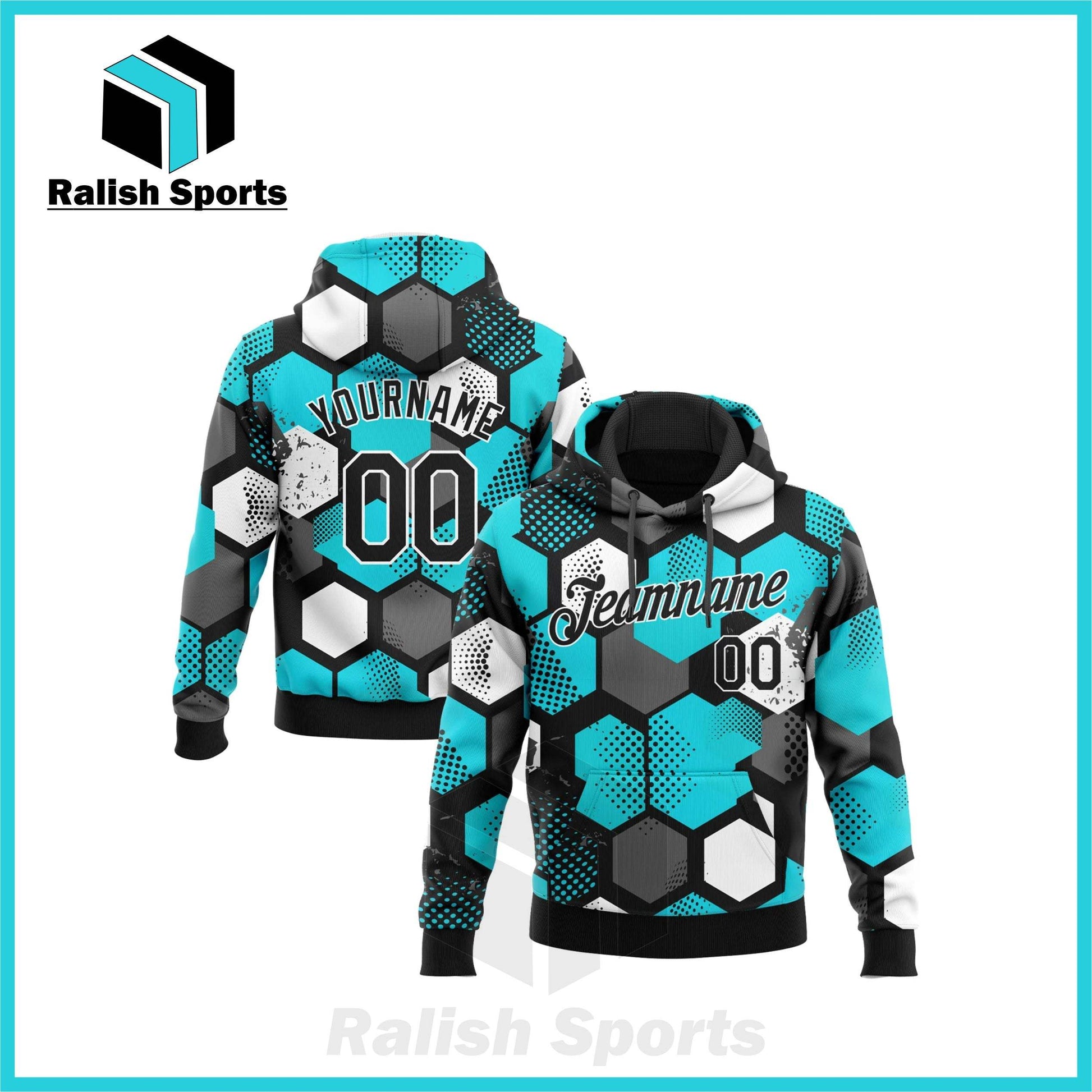 Custom Stitched Aqua Black-White 3D Pattern Design Sports Pullover Sweatshirt Hoodie - Ralish Sports