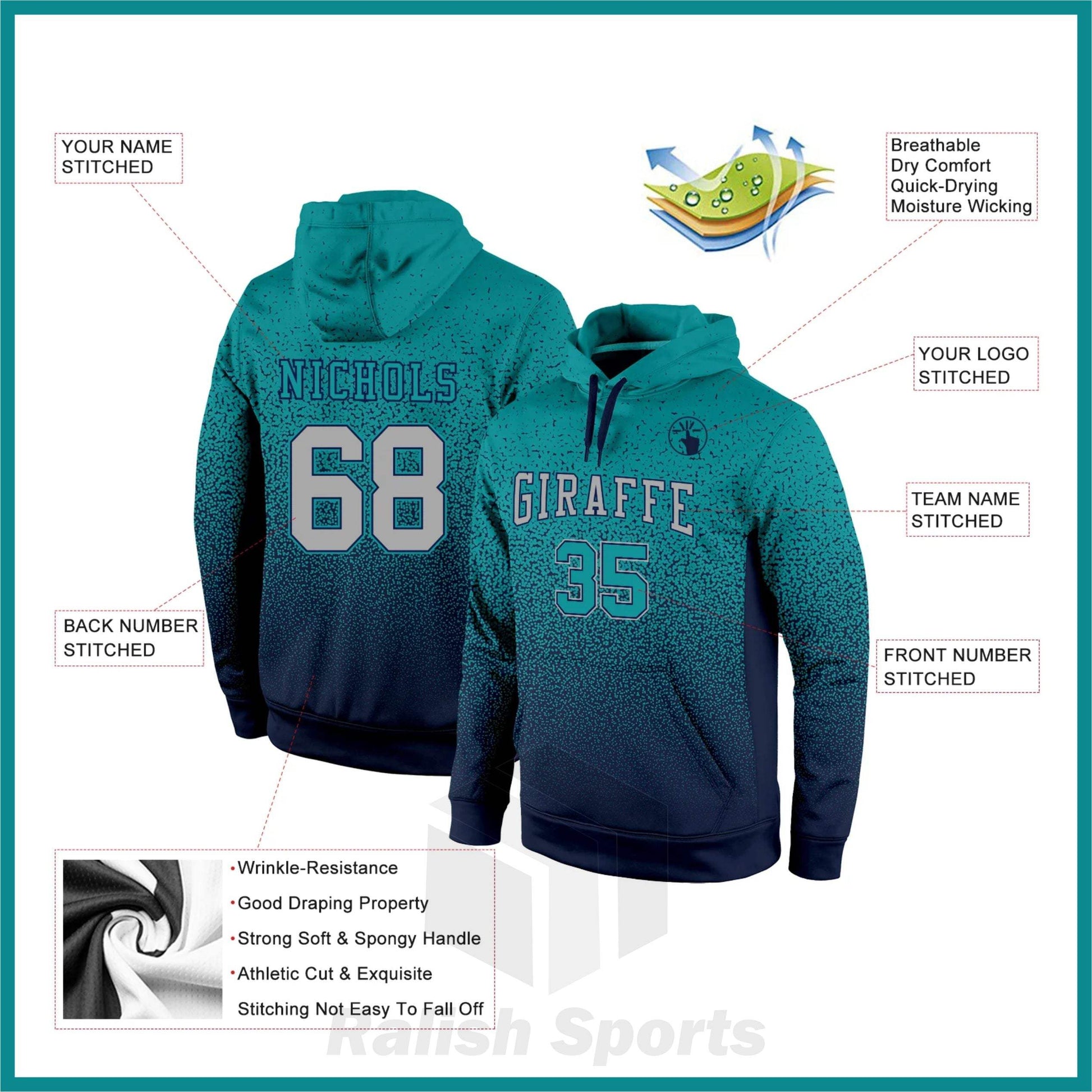 Custom Stitched Aqua Gray-Navy Fade Fashion Sports Pullover Sweatshirt Hoodie - Ralish Sports