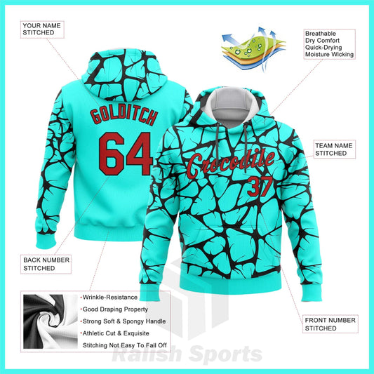 Custom Stitched Aqua Red-Black 3D Pattern Design Sports Pullover Sweatshirt Hoodie - Ralish Sports