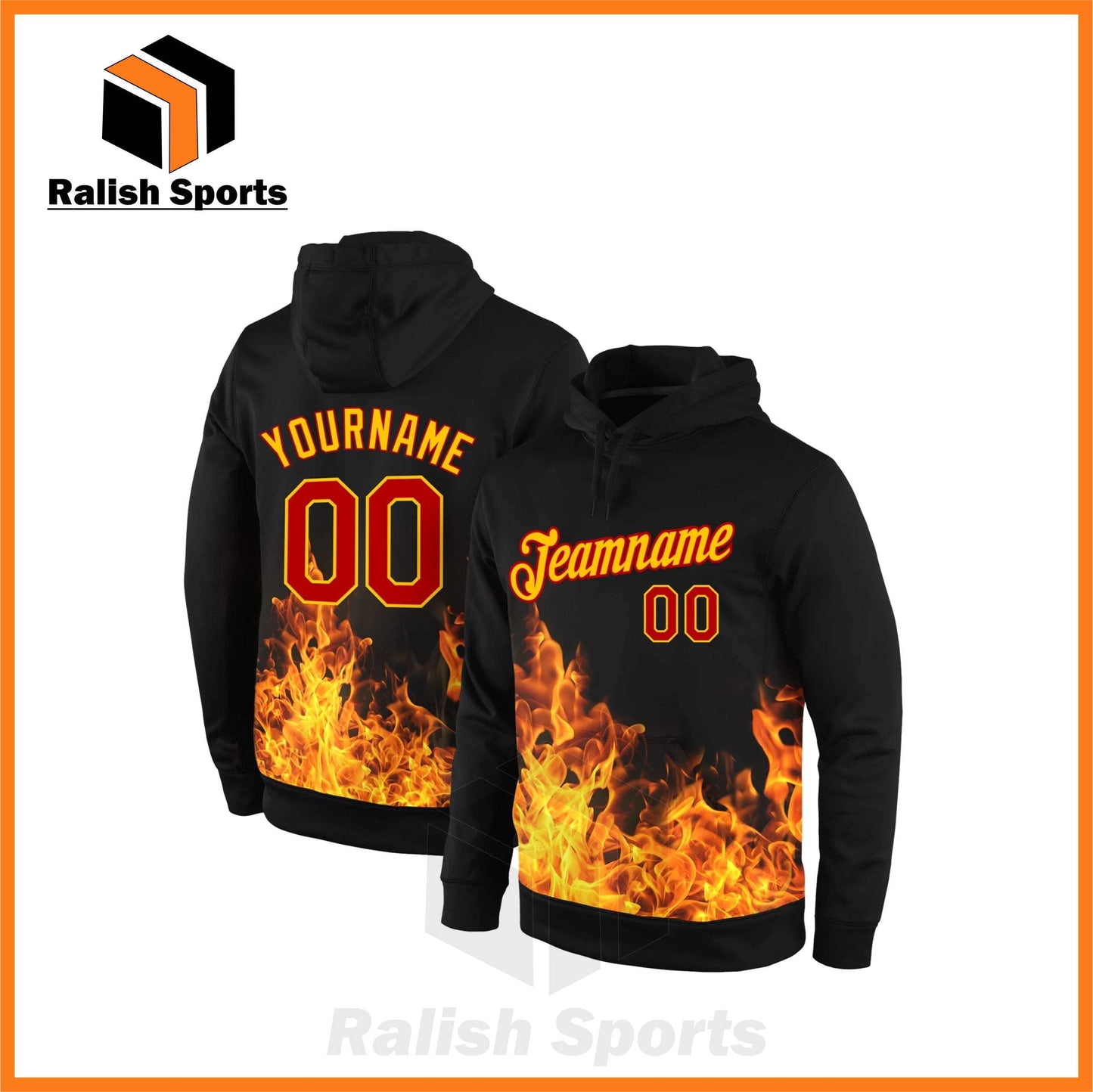 Custom Stitched Black Red-Gold 3D Pattern Design Flame Sports Pullover Sweatshirt Hoodie - Ralish Sports