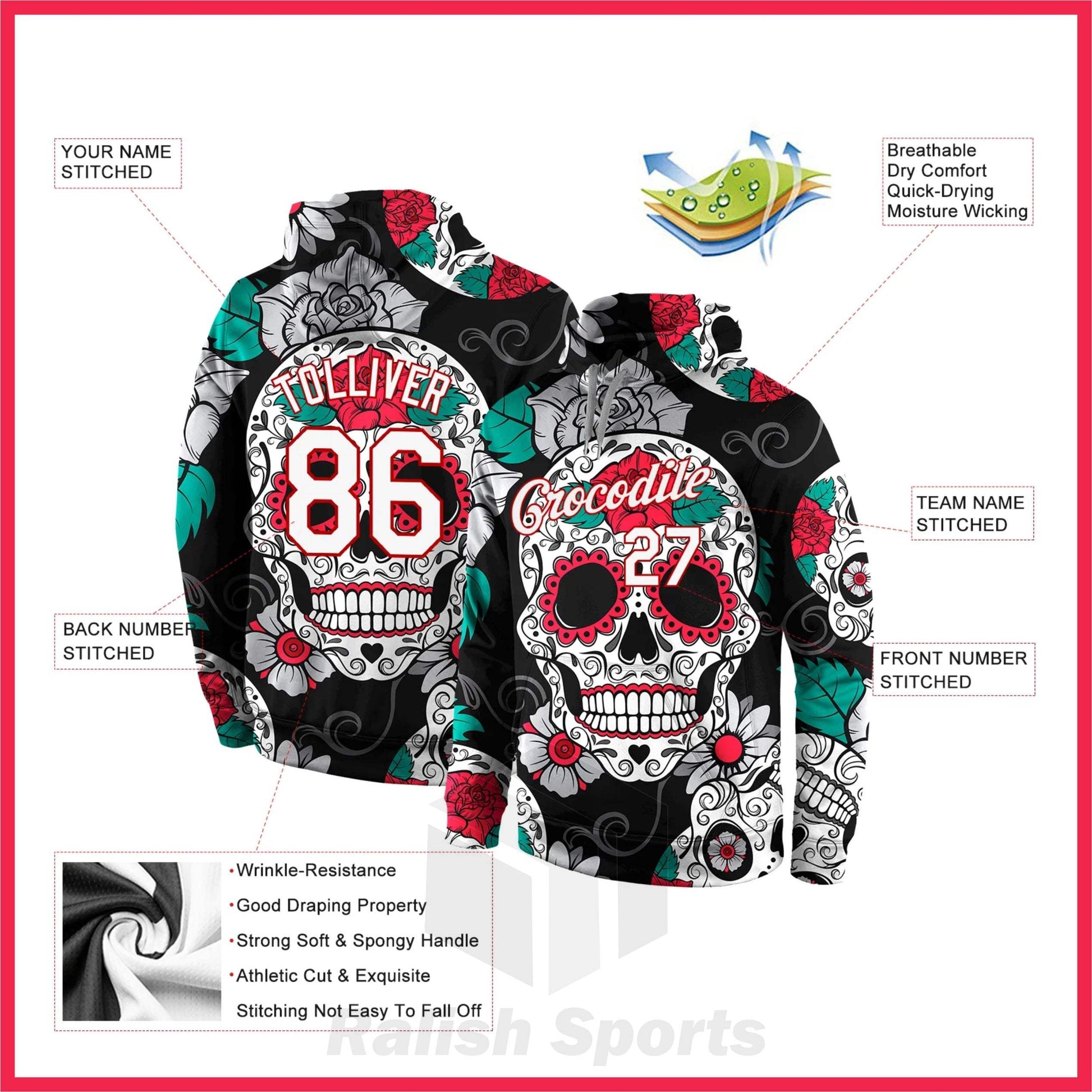 Custom Stitched Black White-Red 3D Skull Fashion Sports Pullover Sweatshirt Hoodie - Ralish Sports