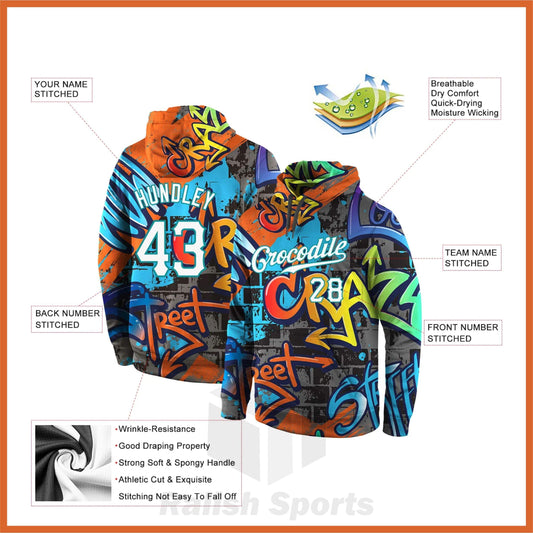 Custom Stitched Graffiti Pattern White-Aqua 3D Sports Pullover Sweatshirt Hoodie - Ralish Sports