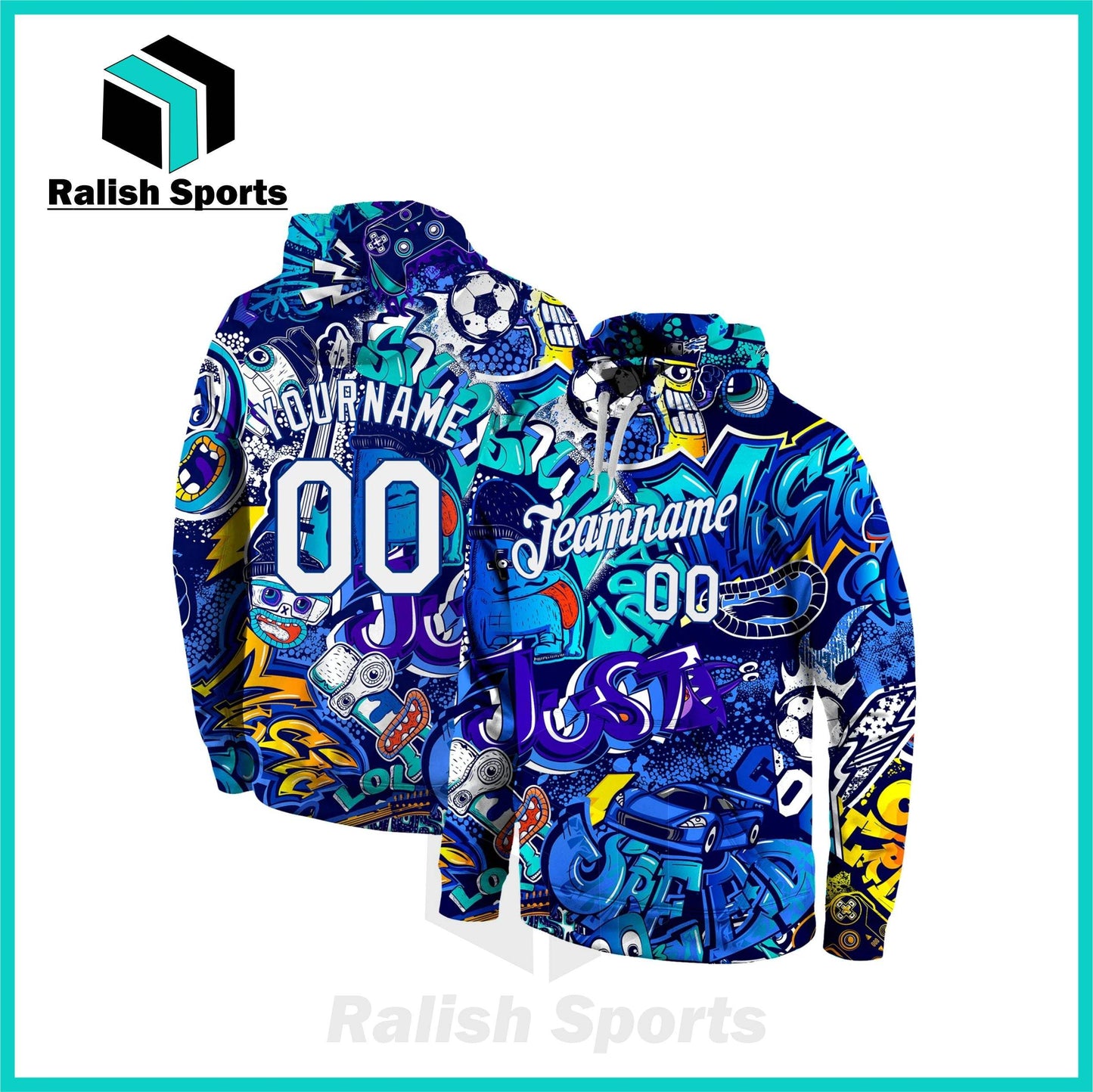 Custom Stitched Graffiti Pattern White-Royal 3D Sports Pullover Sweatshirt Hoodie - Ralish Sports