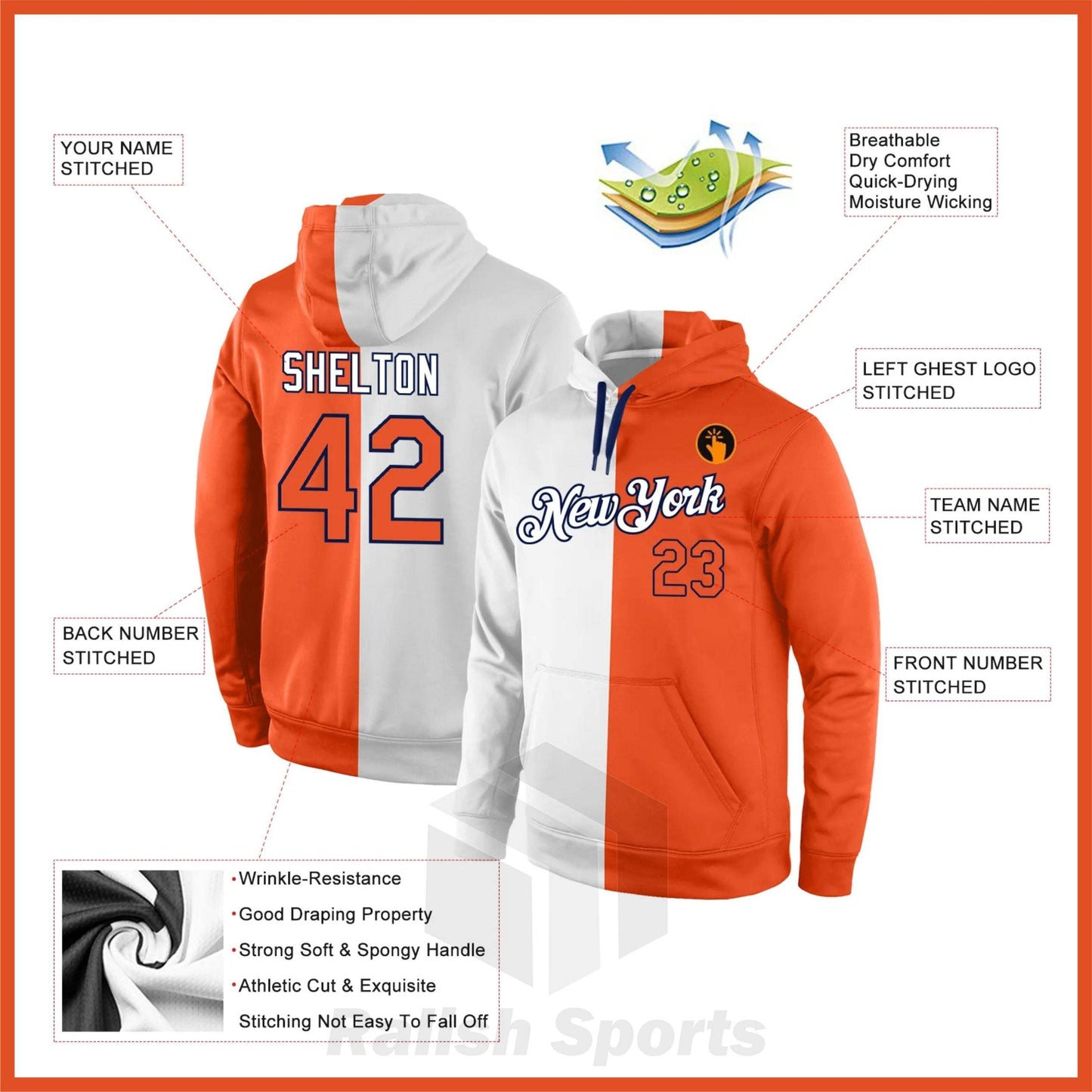 Custom Stitched White Orange-Navy Split Fashion Sports Pullover Sweatshirt Hoodie - Ralish Sports