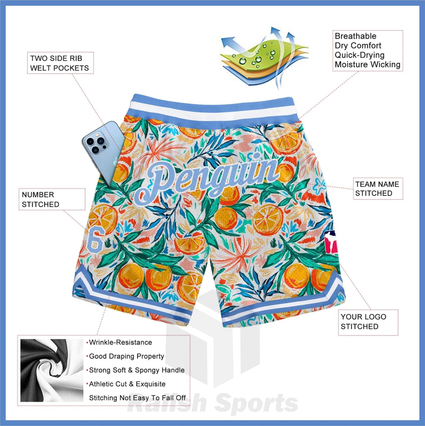 Custom White Light Blue-White 3D Pattern Design Oranges Authentic Basketball Shorts - Ralish Sports