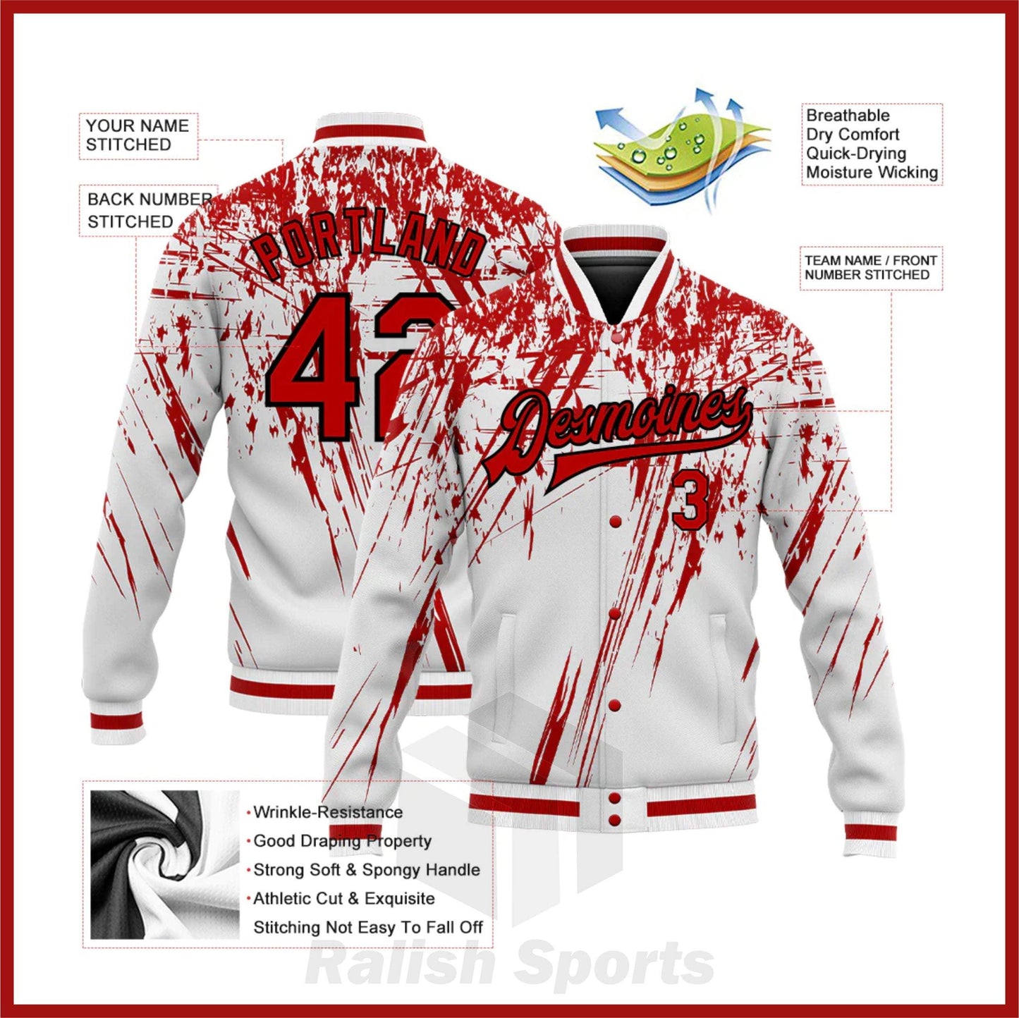 Custom White Red-Black 3D Pattern Design Bomber Full-Snap Varsity Letterman Jacket - Ralish Sports