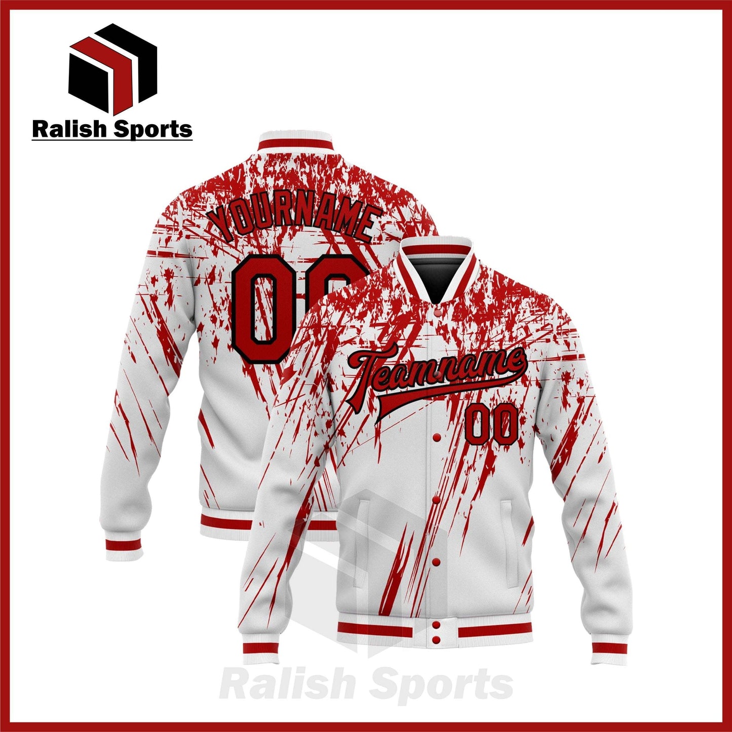 Custom White Red-Black 3D Pattern Design Bomber Full-Snap Varsity Letterman Jacket - Ralish Sports