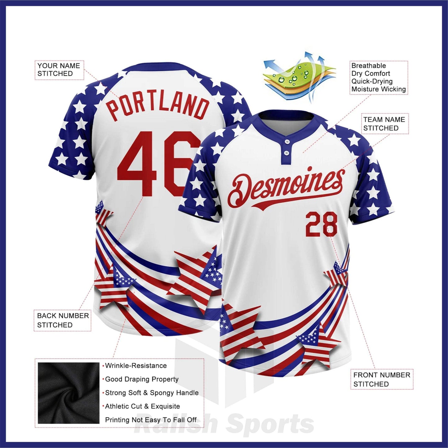 Custom White Red-Navy 3D American Flag Fashion Two-Button Unisex Softball Jersey - Ralish Sports