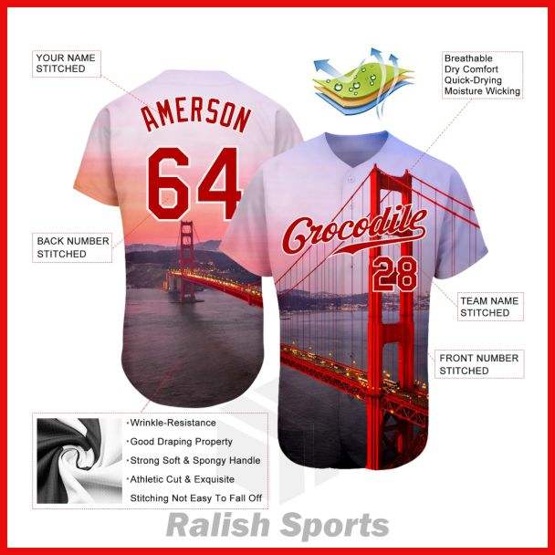 Custom White Red-White 3D Pattern Design Golden Gate Bridge Authentic Baseball Jersey - Ralish Sports