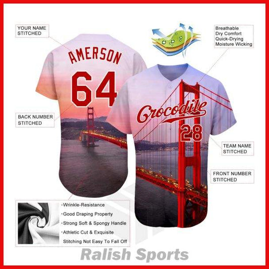 Custom White Red-White 3D Pattern Design Golden Gate Bridge Authentic Baseball Jersey - Ralish Sports