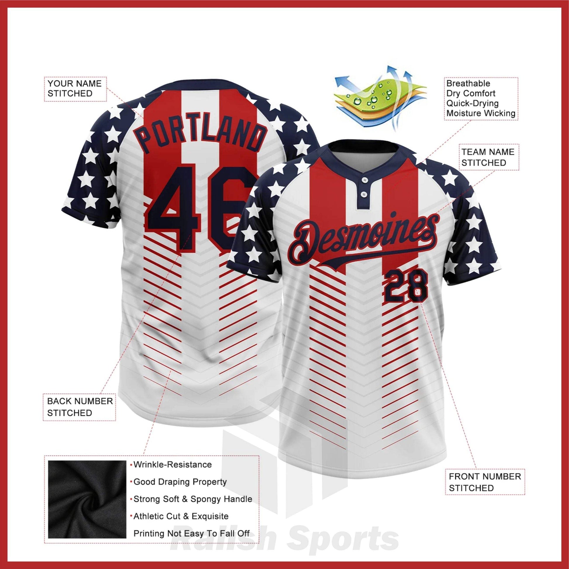Custom White Royal-Red 3D American Flag Fashion Two-Button Unisex Softball Jersey - Ralish Sports