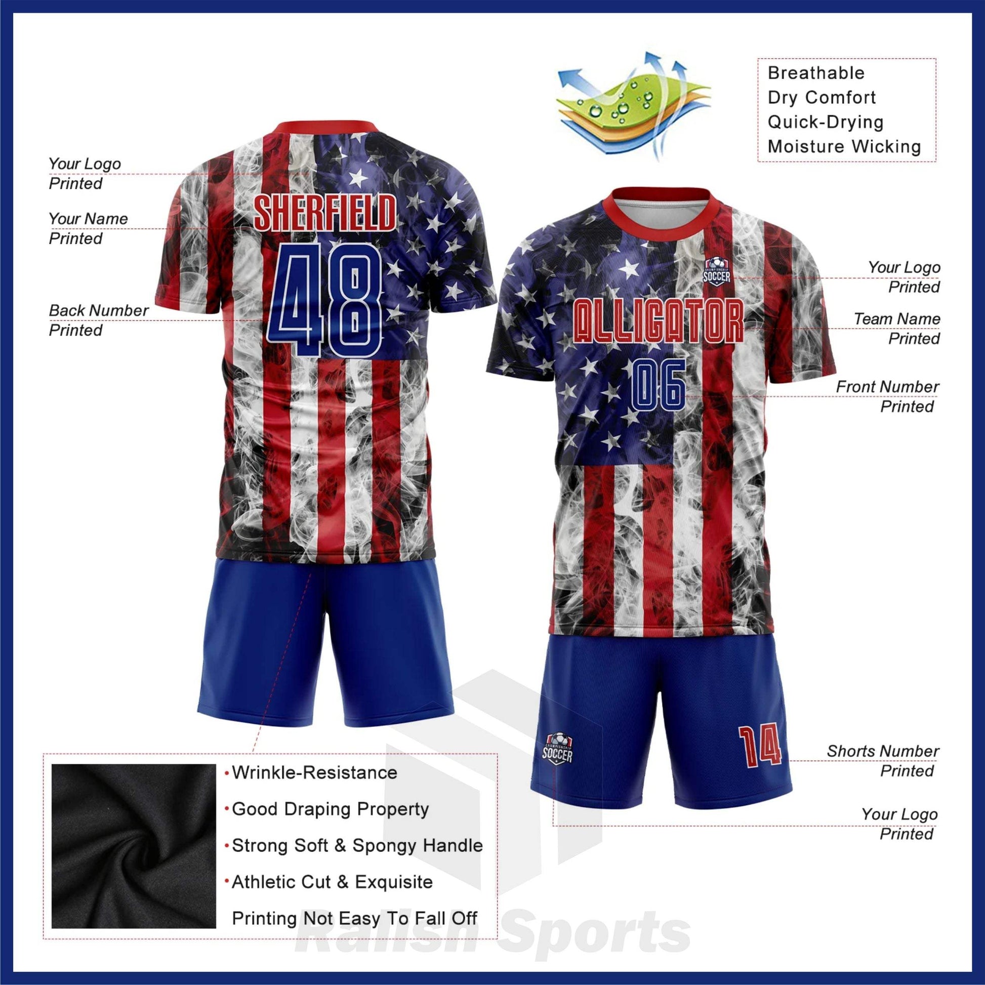 Custom White Royal-Red American Flag Fashion Sublimation Soccer Uniform Jersey - Ralish Sports