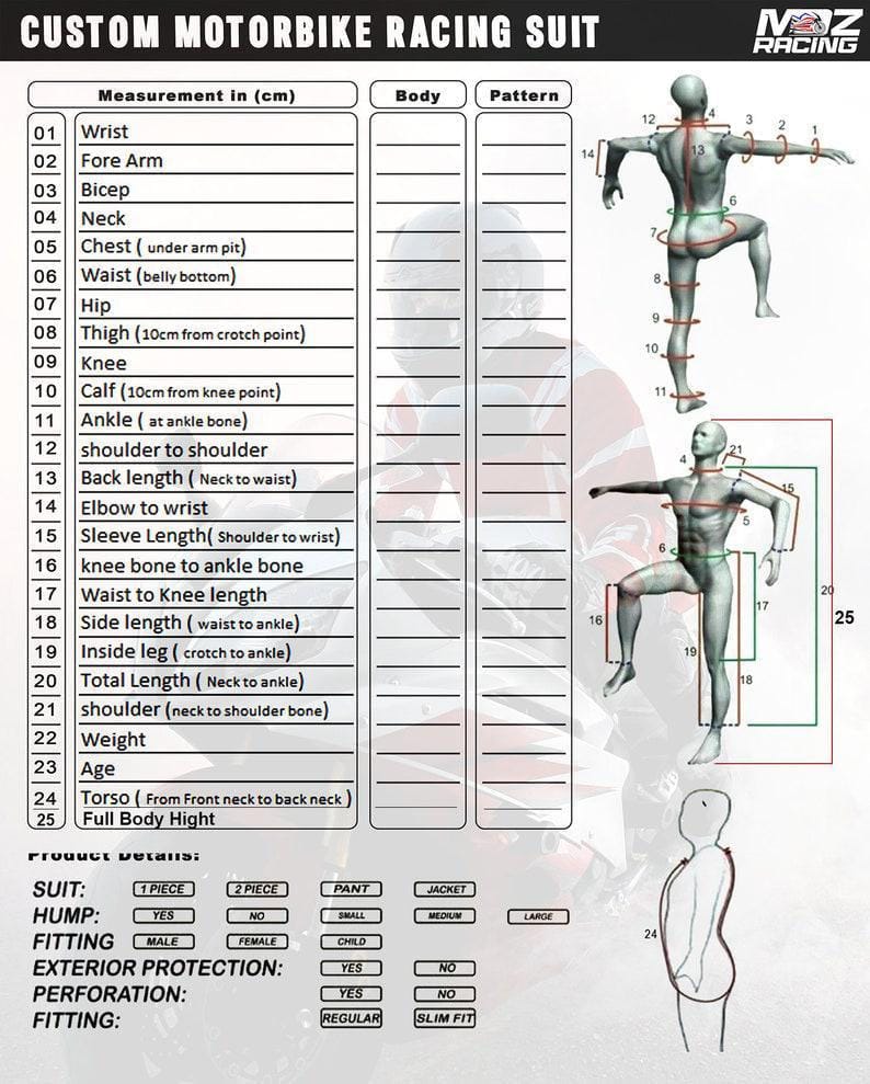 Custom motorbike racing suit measurement form with body diagrams