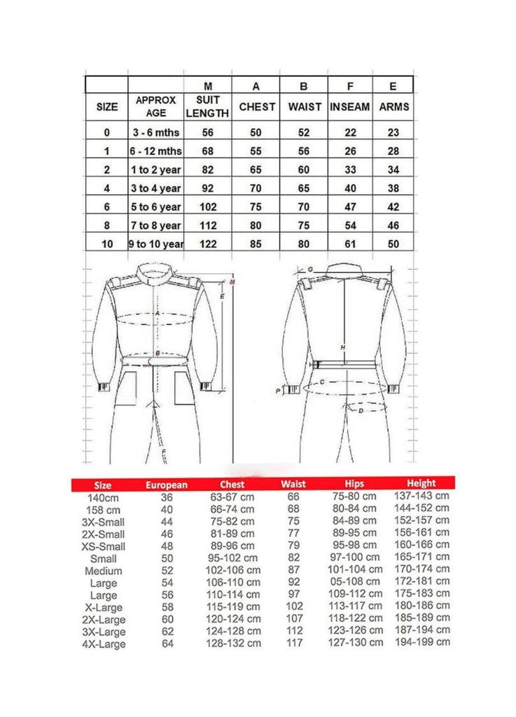 Youth and adult racewear size chart with measurement diagrams